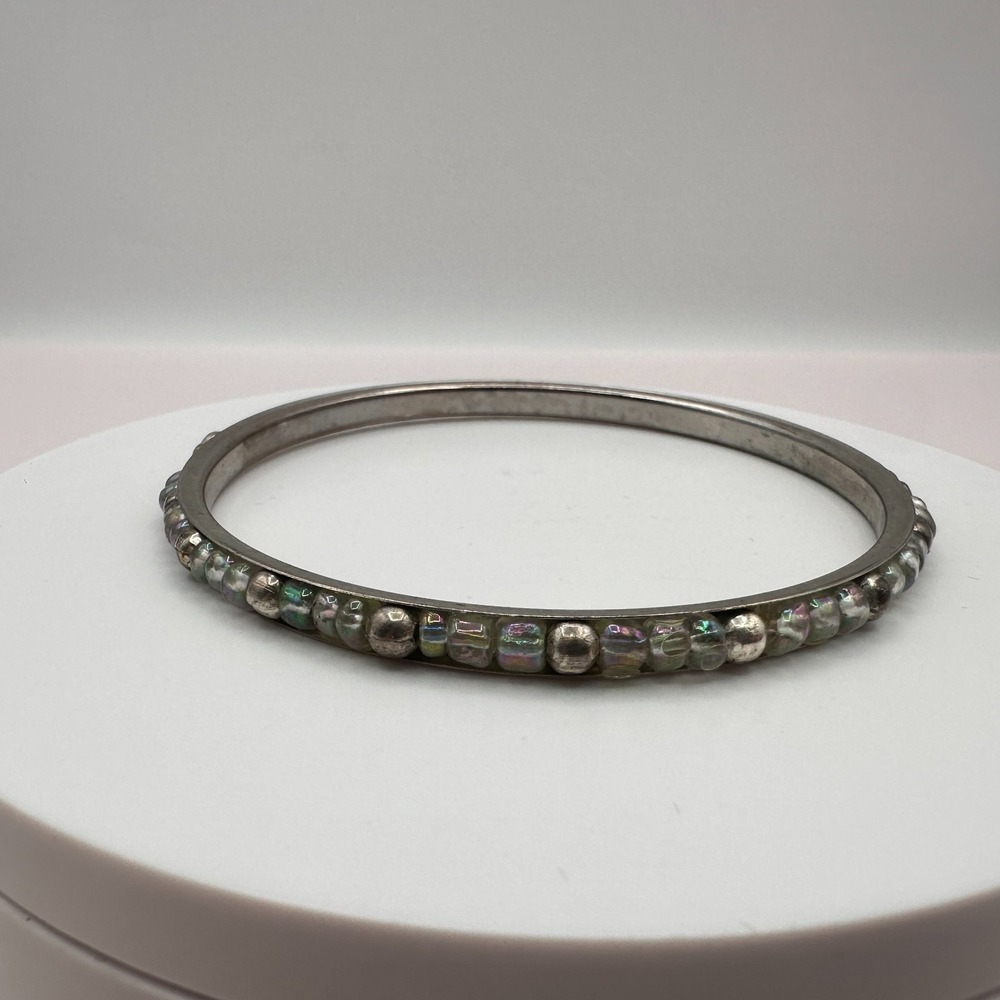 Vintage 80s Silver Tone Bangle Bracelet Crystal Rhinestone Bead Accent Jewelry